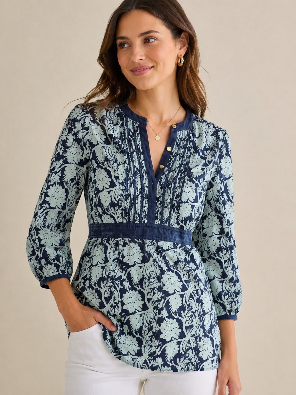 Tory Burch Navy and Light Blue Floral Pintuck Tunic